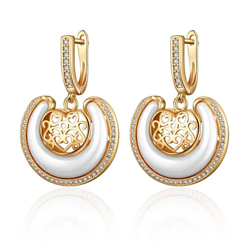 Dangle & Chandelier Creative Design Round Ceramic Earrings Cubic Zirconia Gold Silver Color Hollow Heart Big Drop For Women Jewelry GiftsDan