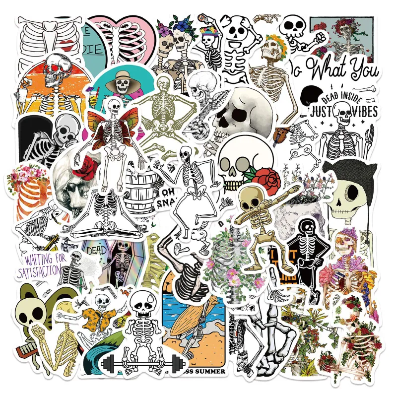 50 stks/partij Grappige cartoon Skelet Stickers Witte Schedel Sticker Bone Graffiti Kids Speelgoed Skateboard auto Motorfiets Fiets Sticker Decals Groothandel