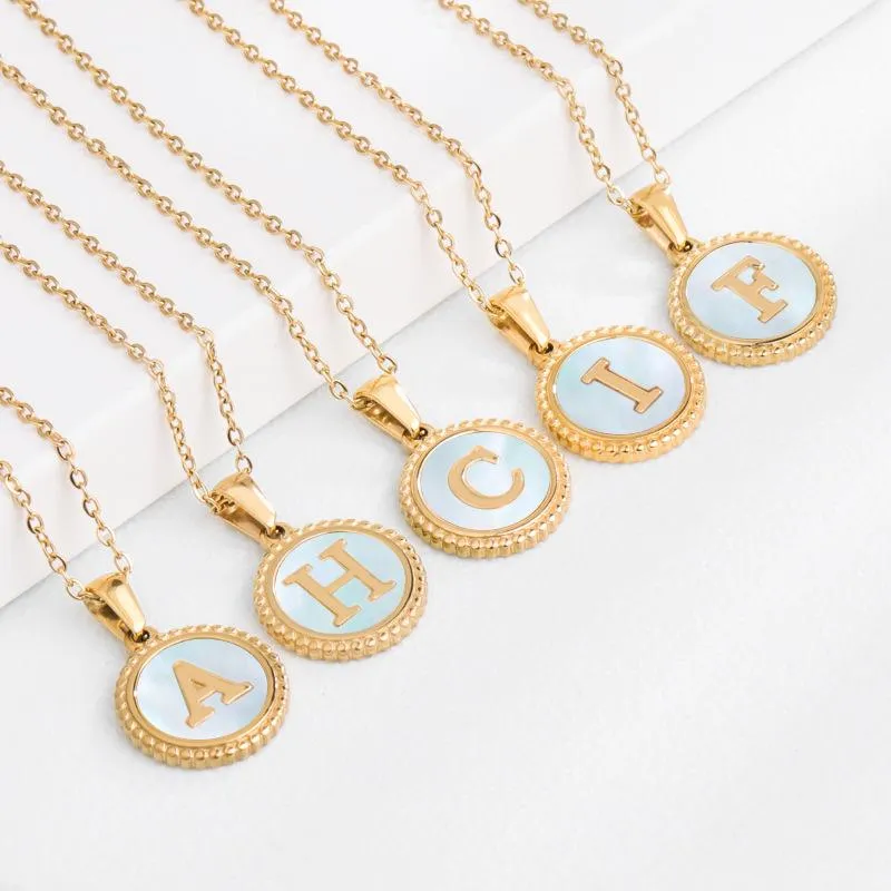 Pendant Necklaces 30pcs/lot Titanium Stainless Steel Gold Color Round Shell Initial Letter Chain Necklace For Women Jewelry WholesalePendant