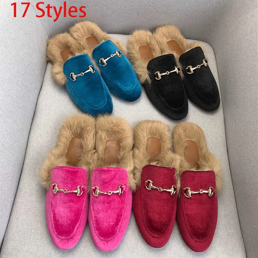 Classic Women Half slippers authentic soft cowhide Flat bottom Metal buckle Hair Slippers Designers woman shoes Warm Wool Female s308T