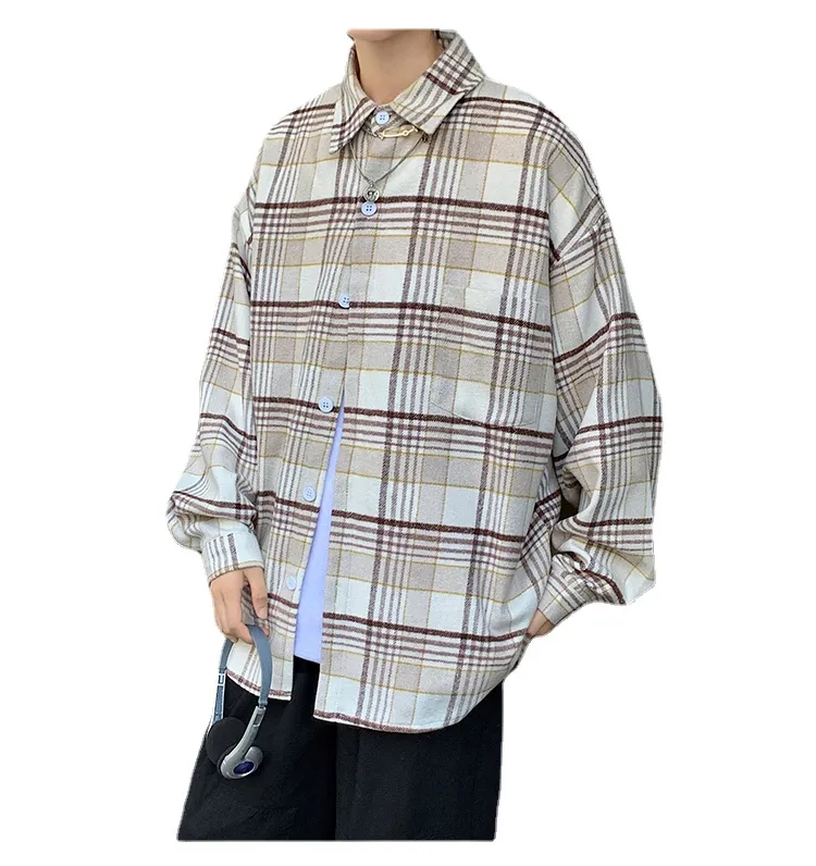 Y2K Flannel HARAJUKU Zakresowe koszule w kratę Mężczyźni Vintage Koreańskie jesienne zimowe mody guziki gęsta ciepła koszula długie rękawowe bluzki