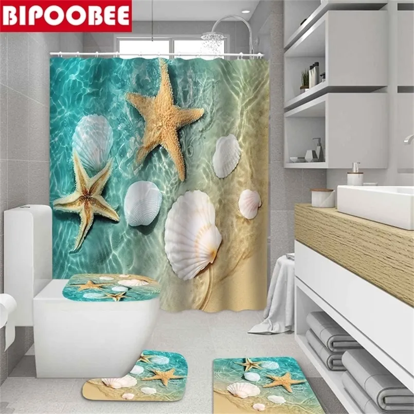Sea Starfish Shell Print Shower Curtain Bathroom Curtains Set Ocean Beach Seaside Bath Mat Non Slip Carpet Fabric Bathtub Screen 220517
