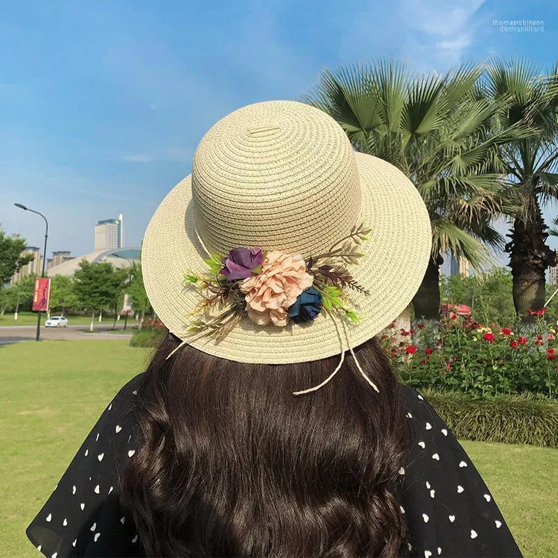 Sombreros de ala ancha 2022 estilo coreano para mujer, sombrilla de flores grandes, sombrero de paja, fino, transpirable, para exteriores, fresco, All-match1