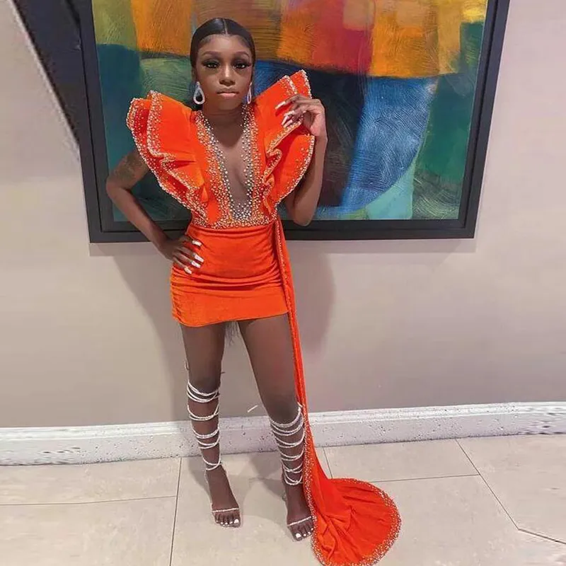 Sexy Short Orange Prom Dresses With Beaded Velvet Cocktail Party Skirt With Train Black Girls African Evening Wear Formal Dress Vestidos Fiesta Robe De Soiree