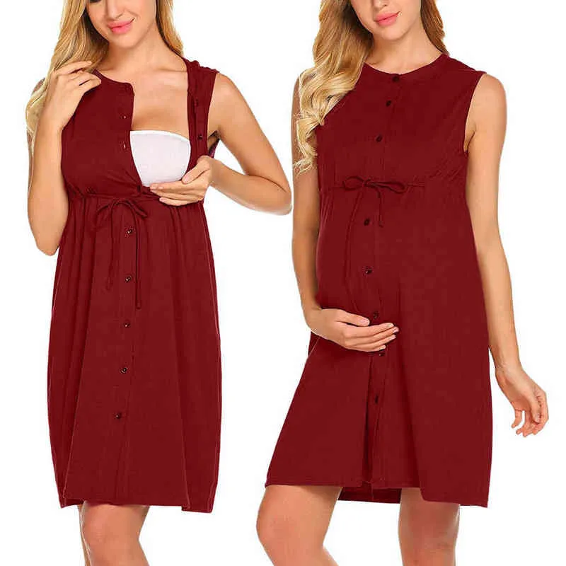 Robe de grossesse d'été sans manches à lacets robe à simple boutonnage coton couleur pure vêtements de maternité femmes robes de grande taille G220309