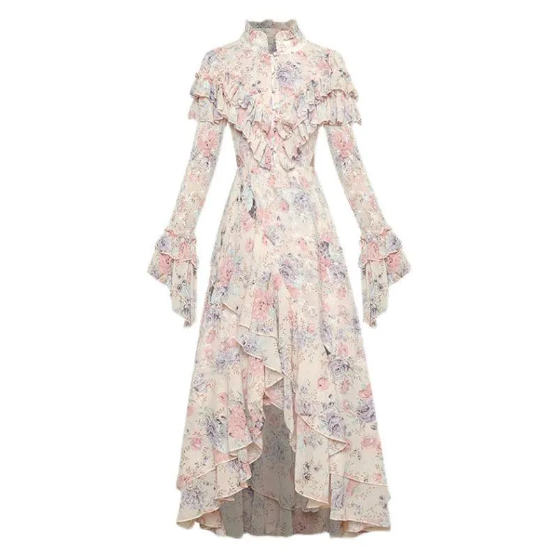 Casual Dresses Woman Maxi Dress Chiffon Cascading Ruffle Small Flower Print Irregular Elegant Vintage Style 2022 Autumn ClothingCasual