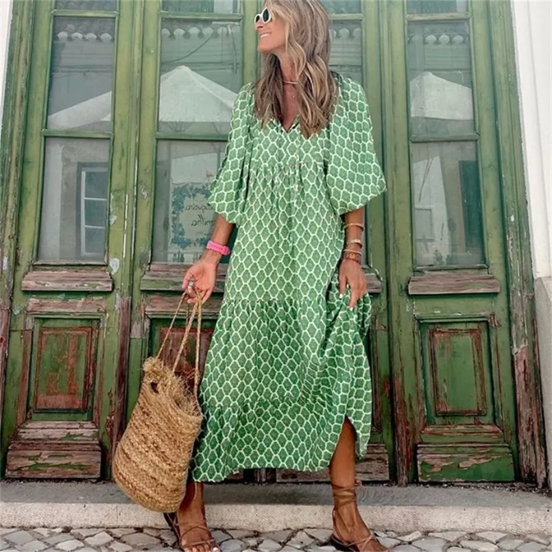 Women Boho Dress Elegant Half Sleeve Floral Print Ankle-Length Dress Casual Drawstring V Neck Loose Beach Party Dress Vestidos 220531