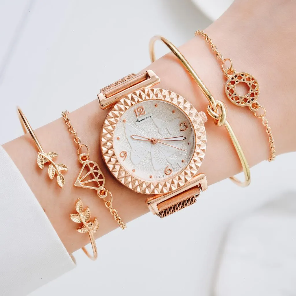 5pcs Women Watch Set Set Set Luxury Rose Gold Gold Quartz Bracelet