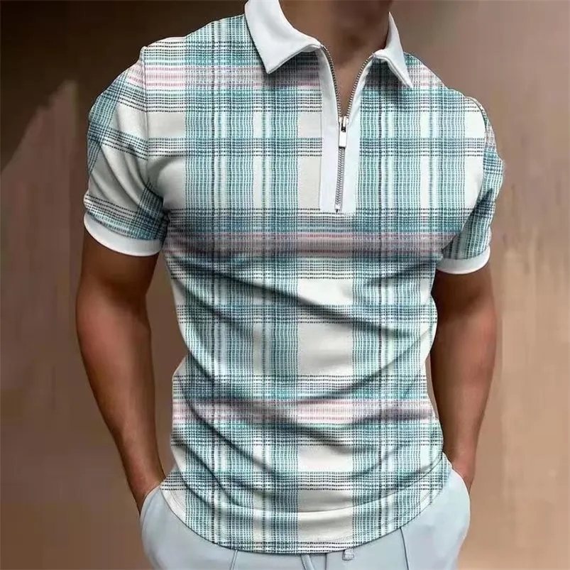 Summer Chic Plaid Casual Mens Short Sleeve Polo Shirts Patchwork TurnDown Collar Zipper Design Men Print Tops Pullovers 220614