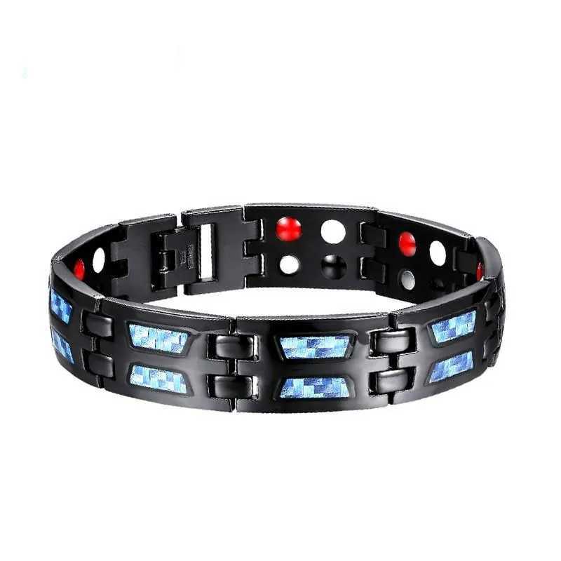 Double RowTherapeutic Magnetic Bracelets for Men Arthritis Relief Lymph Detox Unique Blue Carbon Fiber Titanium Steel Magnetic Bracelets for