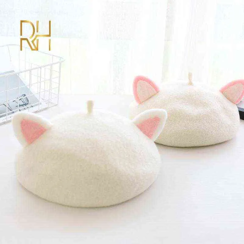 Women Winter Basker Cap Wool Cute Rabbit Cat Bear Fox Ears Blanda avslappnad varm målare Hat Handgjorda vackra basker för flickor RH J220722