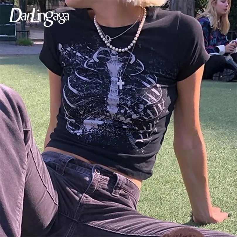 Darlingaga Mall Goth Skeleton Print Dark Women S T Shirts Y2K Bodycon Punk Harajuku Crop Top Gotische kleding T -shirt Femme 220407