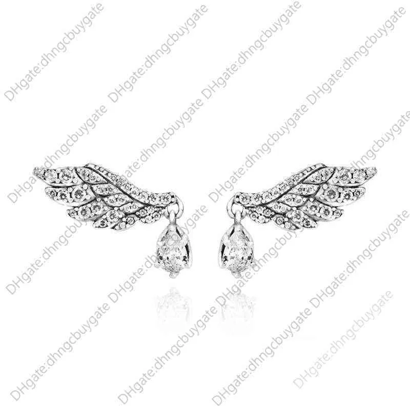 Authentische 100 925 Sterling Silber funkelnde Winkelflügel-Ohrstecker für Damen, Jahrestag, Verlobung, Schmuck, Geschenk