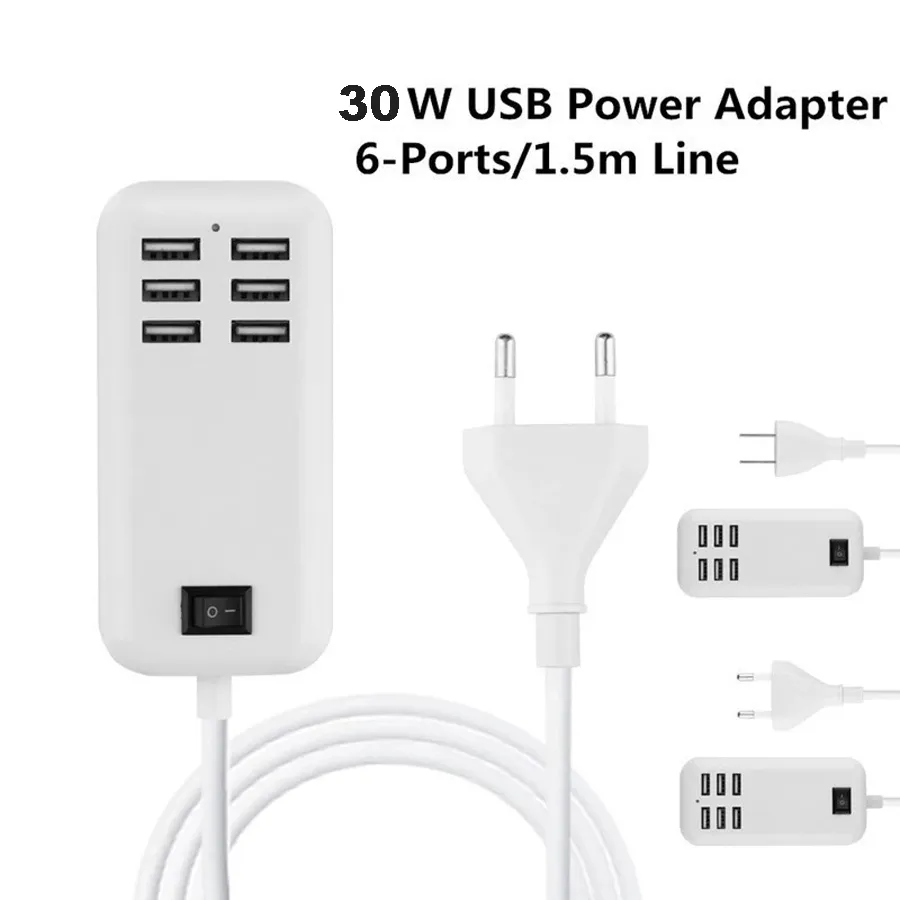 30W 6 Ports USB Wall Socket Charger 6 HUB Fast Charging Extension Power Adapter for Cell Phone Tablet