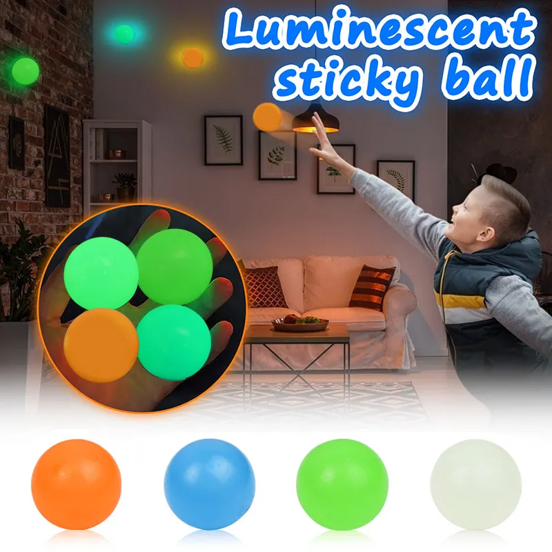 Palle luminose da 4,5 cm giocattolo Alto rimbalzo Palla antistress incandescente Parete appiccicosa Decorazione per feste a casa Regalo per bambini Ansia giocattolo Glow in the Dark