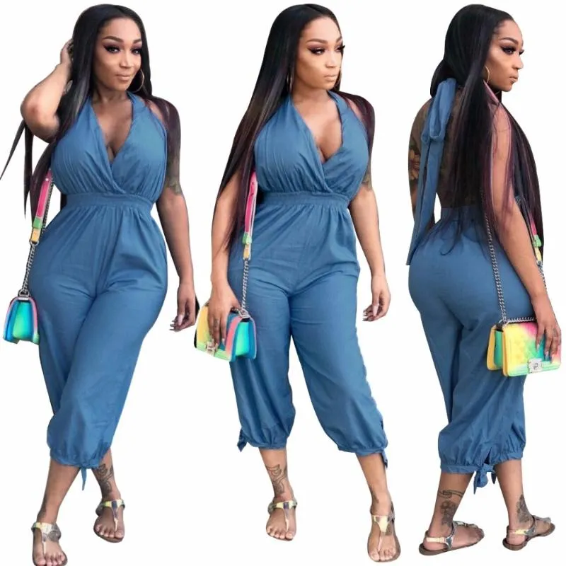 Jumpsuits voor dames rompreren casual denim jeans halter v nek overalls zomer sexy backless mouwloze playsuits plus size xxl high street ro