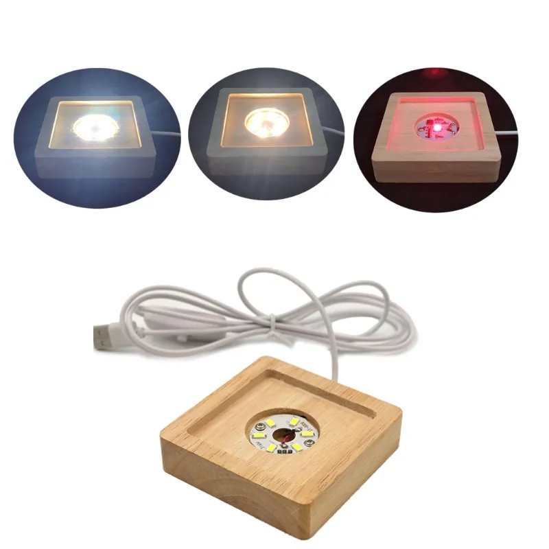 Quadratische LED-Lichter-Display-Basis, beleuchteter Holzhalter, Ständer, Laser, Kristallglas, Nacht-beleuchtete Basen, Harz, Kunstornament D2.0
