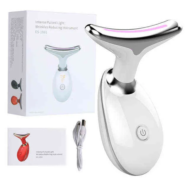 Led Photon Therapy Neck Massager Thin Face Instrument 3 Colors Heating Skin Tighten Anti-Wrinkle Lifting Tool 220520