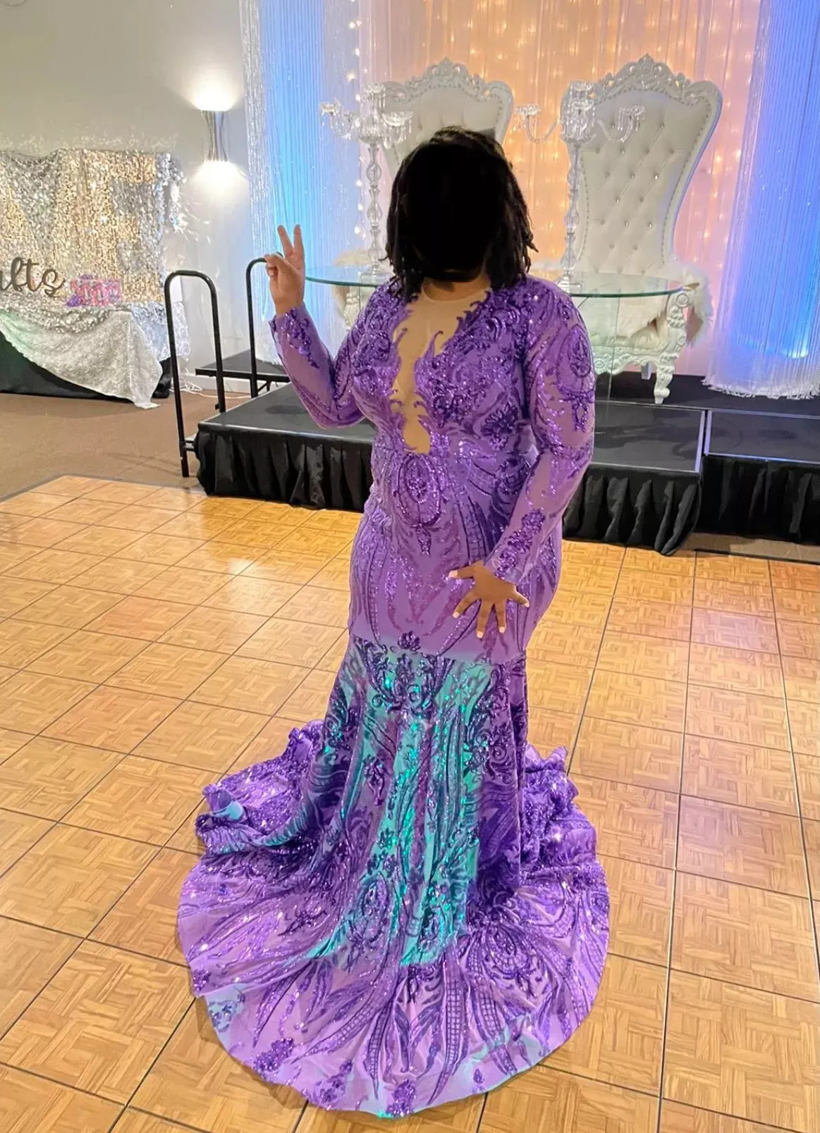 Plus Size Purple Sequin Evening Dress With Long Sleeve Large Mermaid Black Girls Prom Dresses For Women Night Formal Wear Party Women Special Robes De Soirée 2022