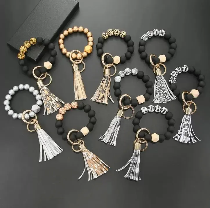 Mode Rosted Wooden Bead Armband Sleutelhanger Party Gunst Patroon Kwastje Hanger Armbanden Dames Meisje Sleutelhanger Polsband 7 Kleuren