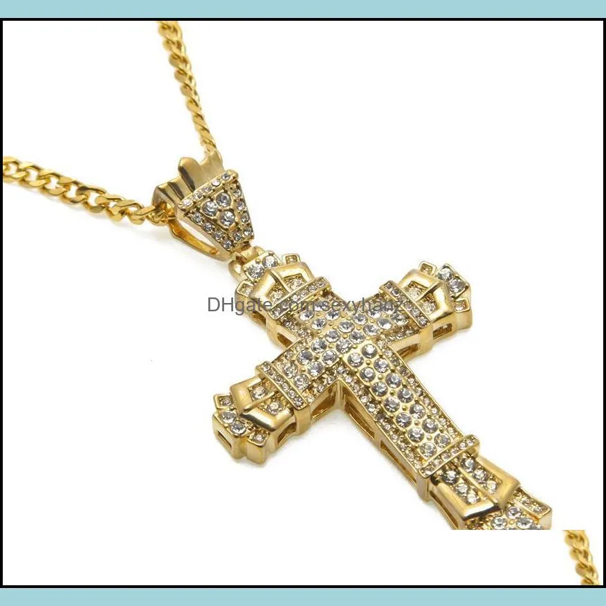 New Retro Chram Cross Pendant Necklaces with Diamond Women Men`s Hip Hop Necklace with Long Cuban Chain Silver and Gold colors