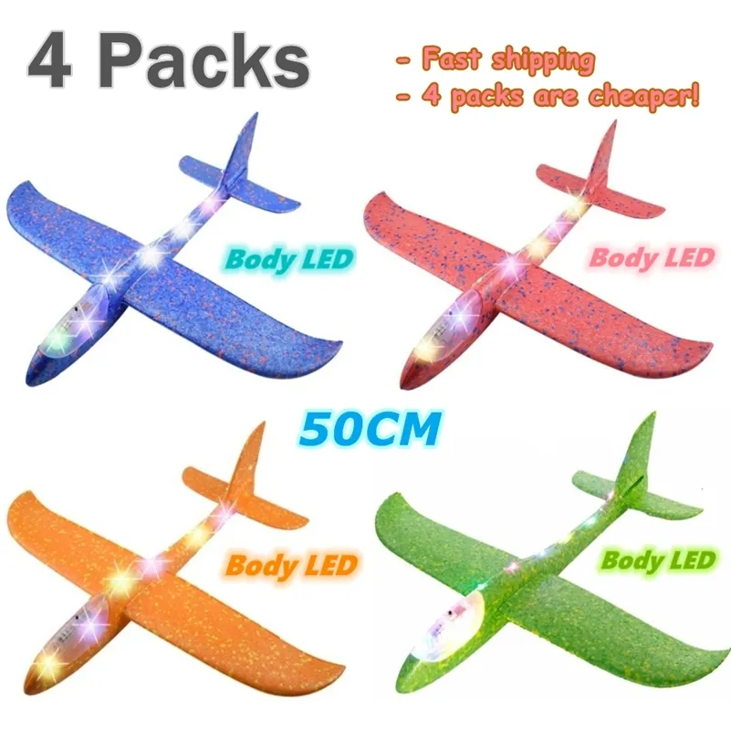 4packs 50cm 폼 비행기 키트 LED 라이트 핸드 던지기 비행기 세트 아웃 도어 게임 항공기 모델 장난감 220707