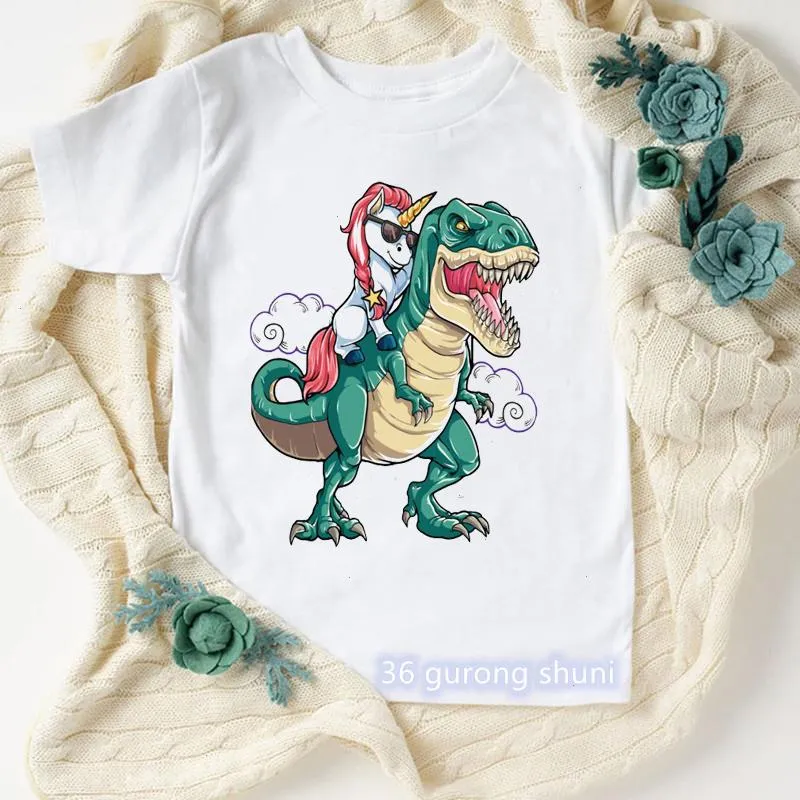 소년을위한 티셔츠 재미있는 공룡과 무지개 유니콘 만화 프린트 아이 여름 힙합 티셔츠 고품질 탑