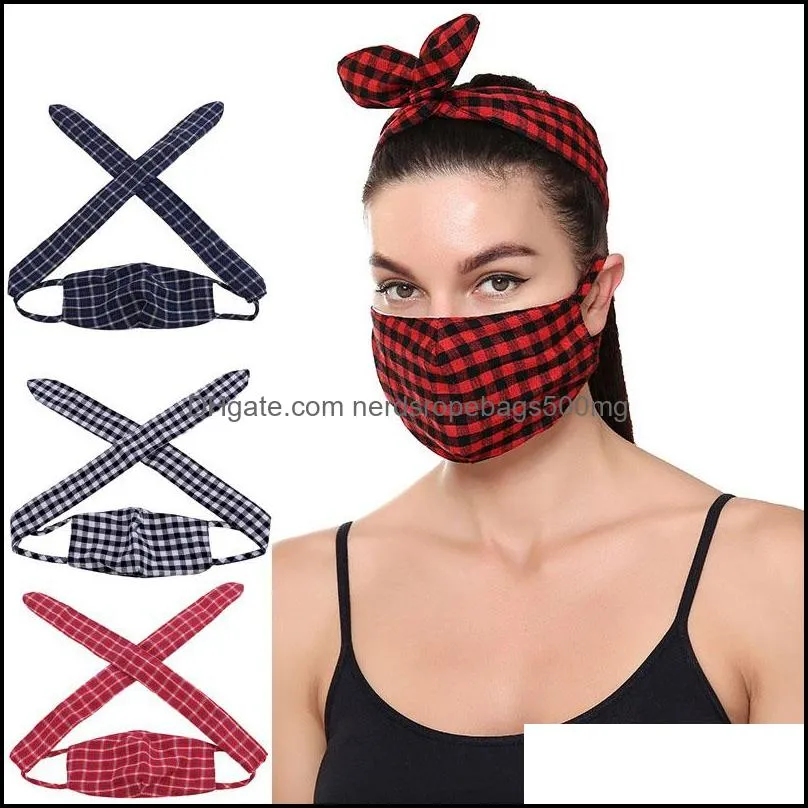  Plaid Masks Headband 3D Printed Check Face Mask Hairband Women Winter Warm Dust Respirator Headbands Mouth Cover Hairwrap Gift 23