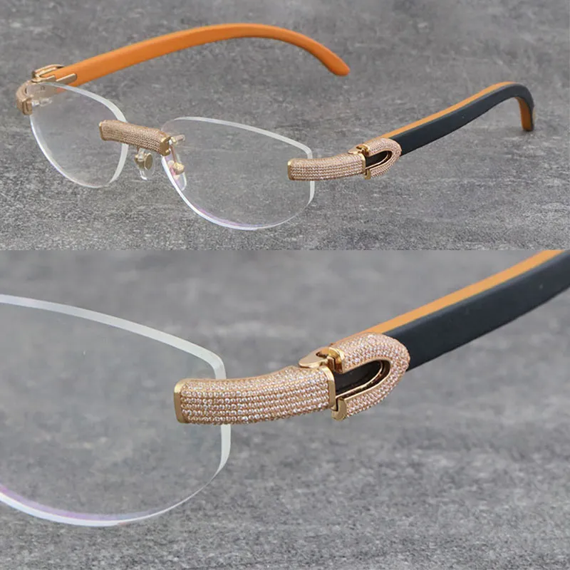 Toptan Ahşap Çerçevesiz Metal Çerçeveleri Tasarımcı 1164 Tahıl Mikro-Asfalt Elmas Set Gözlük Siyah Turuncu Optik Erkek Kadın 18 K Altın Gözlük See-through Çerçeve