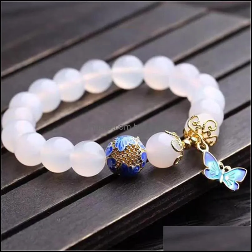 high quantity 10mm beads white agates natural stone bracelet women accessories metal butterfly pendant tasbih jewelry whole