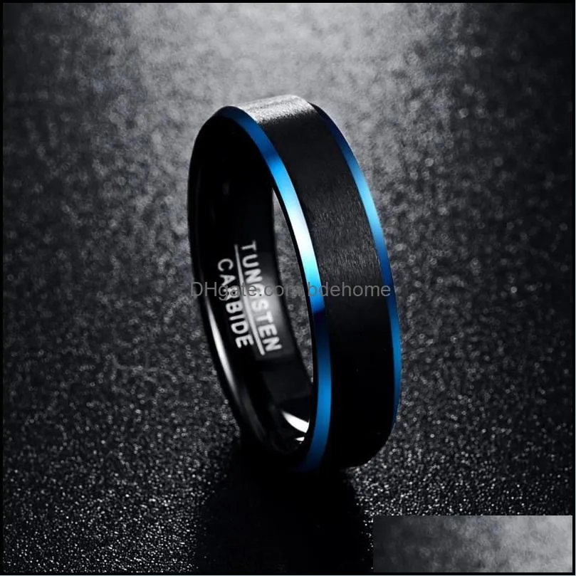 6MM Blue Beveled Edges Black Tungsten Carbide Ring Matte Brushed Finish Comfort Fit Size 7 to 121