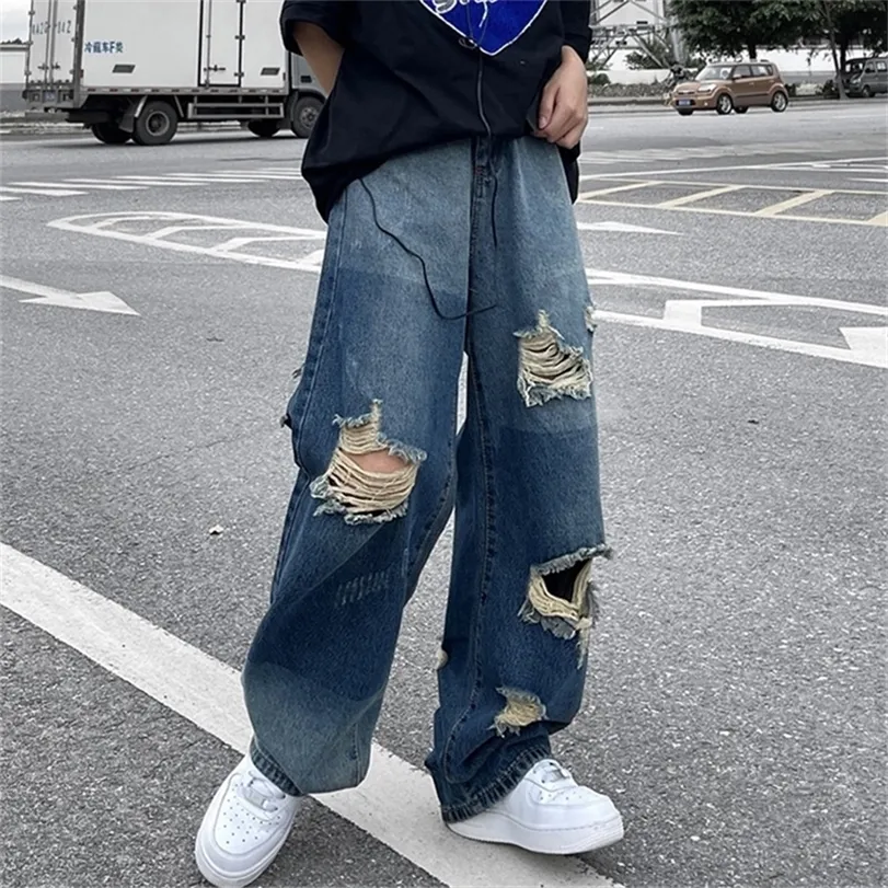 Versi Korea dari ins hiphop Highipster tertekan Jeans lurus sobek tua pria kasual liar longgar celana lebar kaki 220817