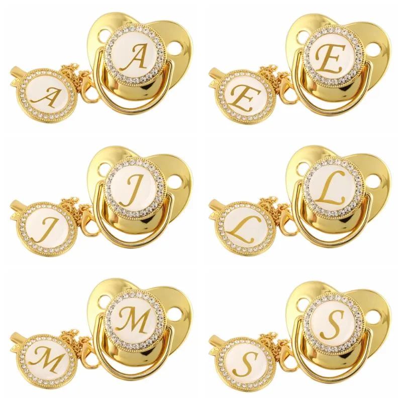 Ciucci # 26 Nome Lettera iniziale Ciuccio e clip per bambini BPA Free Silicone Capezzolo per neonato Ciuccio per manichino nato in oro Bling