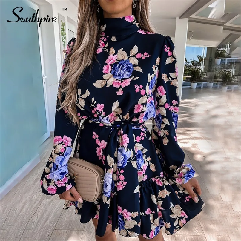 Southpire Navy Floral Print Losse Stijl Mini Jurk Dames Lange Mouw Hoge Hals Party Dames Dag Casual Kleding Lente 220418