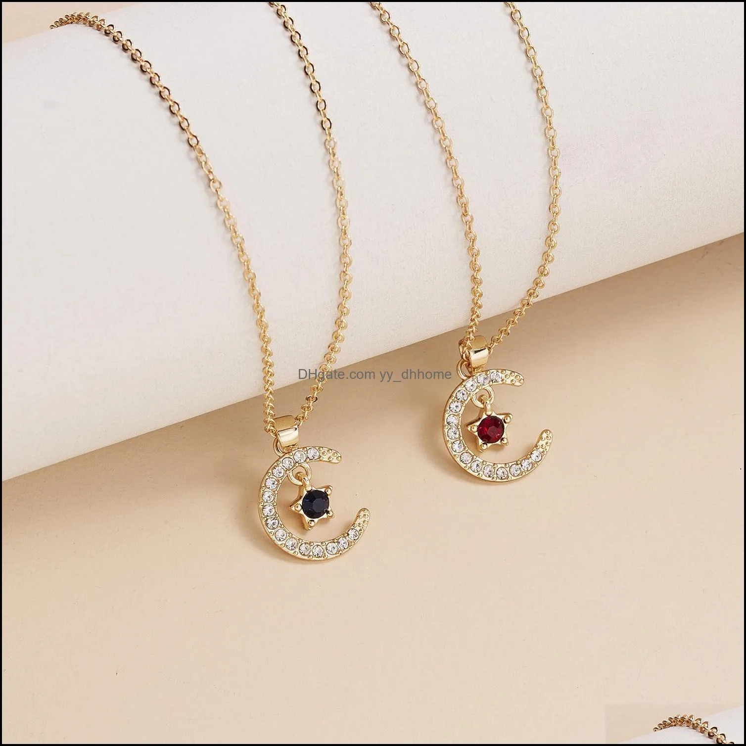 Moon Star Birthstone Pendant Necklace Wish Card For Women Crystal Gold Color Clavicle Chain Mom Birthday Jewelry