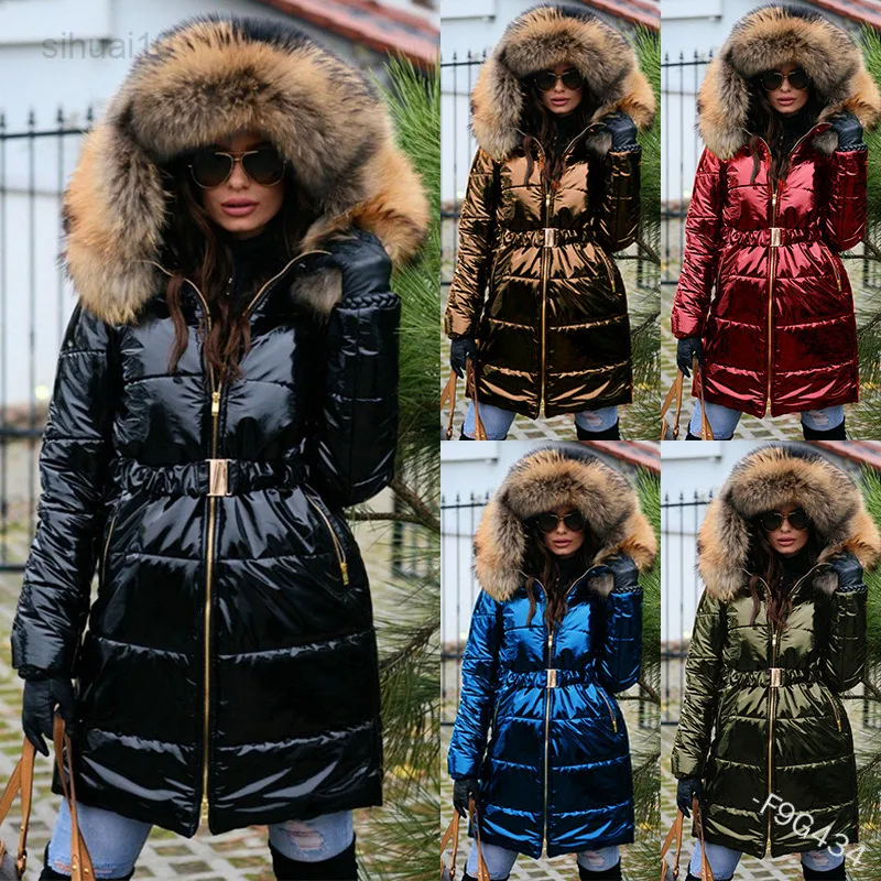 Frauen Witner Parkas mit Gürtel dicker langer warmer Oberbekleidungsmantel Wollkragen mit Kapuze glänzende Jacken mit 2022 Winter L220725