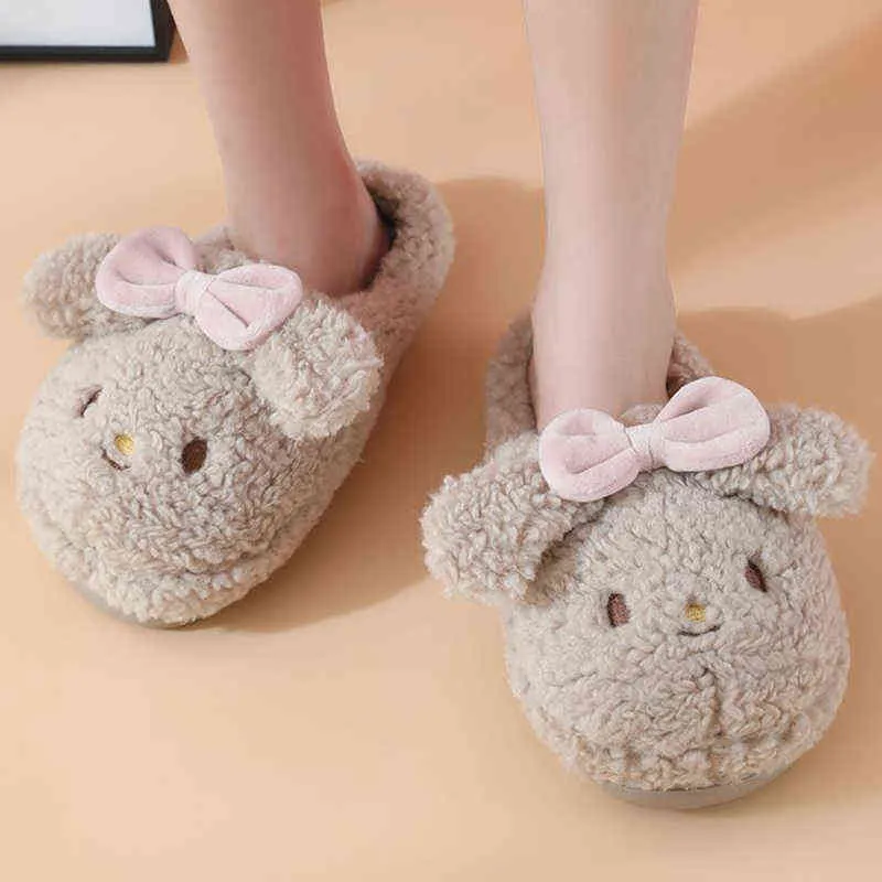 BEVERGREEN Cute Rabbit Shape Design Women Home Slippers Winter Warm Plush Shoes Fashion Bow-knot Couple Fluffy Slides T220816