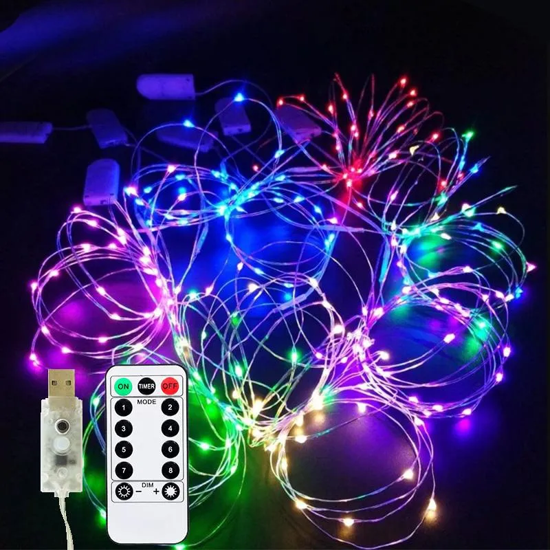 Strings Christmas Fairy Lights USB Fjärrkontroll 5m 10 m 20M LED -vattentät dekorativ koppartråd Halloween Party String Ljussljus