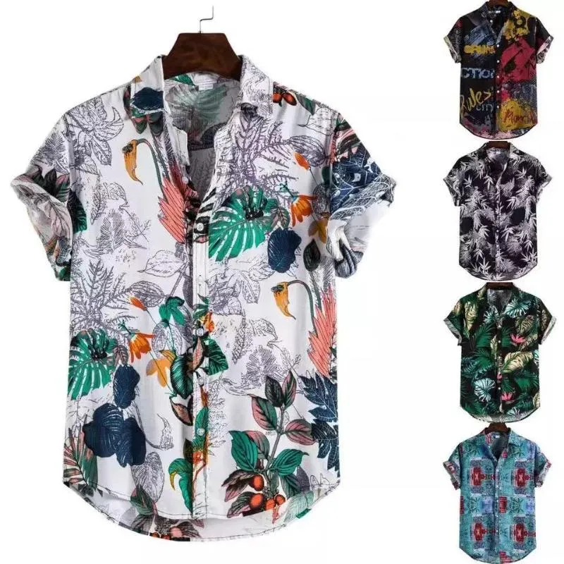 Men's T-Shirts Linen Short Sleeved Shirt Men Summer Flowers Loose Leisure Hawaii Holiday Beach Printed T-Shirt Top Button National StyleMen'