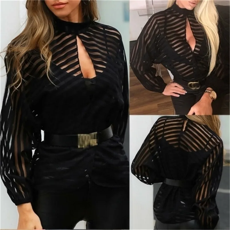 Sexy Black Women's Mesh Sheer Shirt Ladies Long Sleeve Striped Front Cutout Sheer Shirt 220812