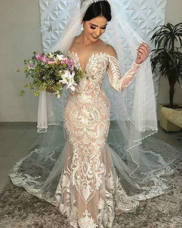 Champagne Wedding Dresses Boho Elegant Lace Mermaid Wedding Dress Illusion Neck Long Sleeves Country Garden Bridal Gowns