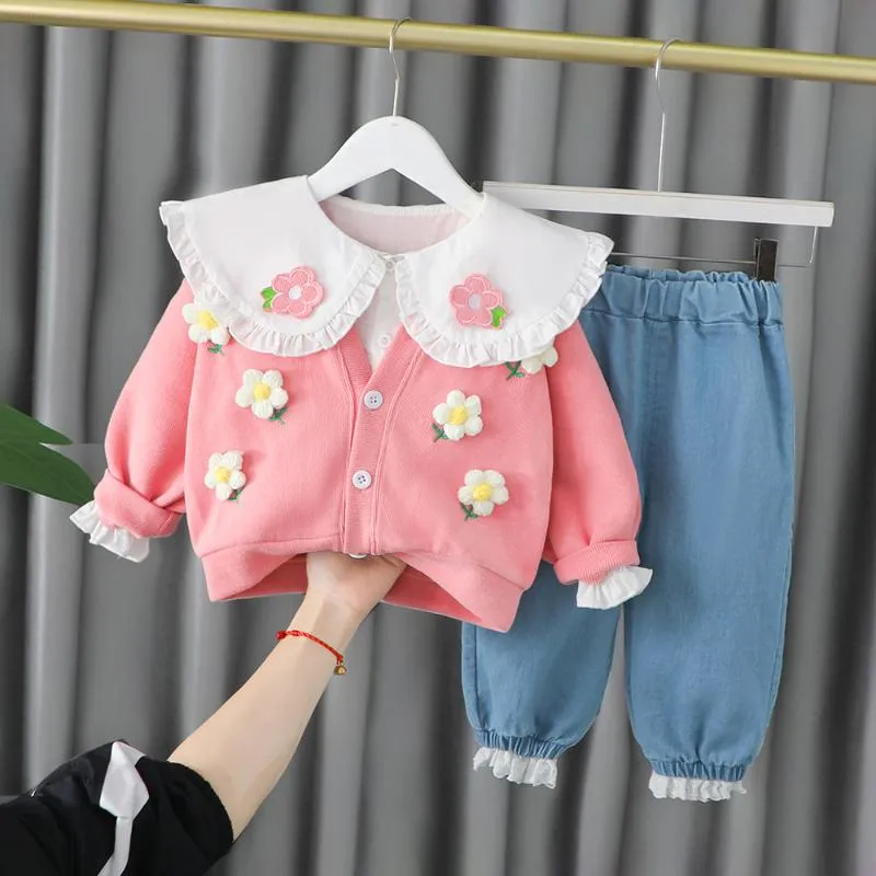 Kläduppsättningar 2022 Spring Kids Girls for Baby Princess Flower Jacket T Shirt Pants 3st Suits Toddler Girl Clothes Outfits