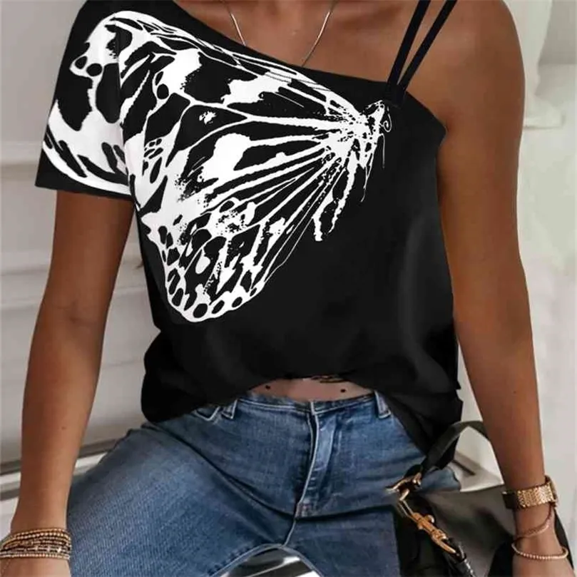 Sommer Frauen Mode Casual T-shirts Sommer Top T Tops T-Shirts Plus Größe Eine Schulter Oversize T-shirt 210716