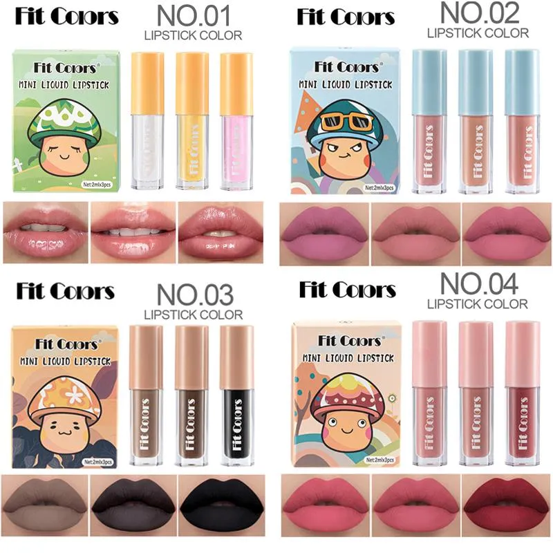 Lip Gloss Fit Colors 3Pcs Mini Velvet Set Stain Tinta a lunga durata Liquido opaco coreano Rossetto nero Maxmizer OilLip