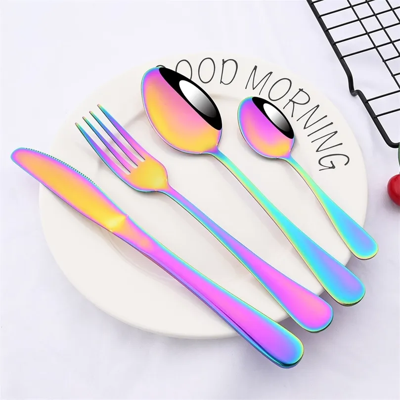 Promotion ensemble de vaisselle en acier inoxydable coloré arc-en-ciel or couteau fourchette cuillère à café lave-vaisselle argenterie ensemble boîte à couverts 220727
