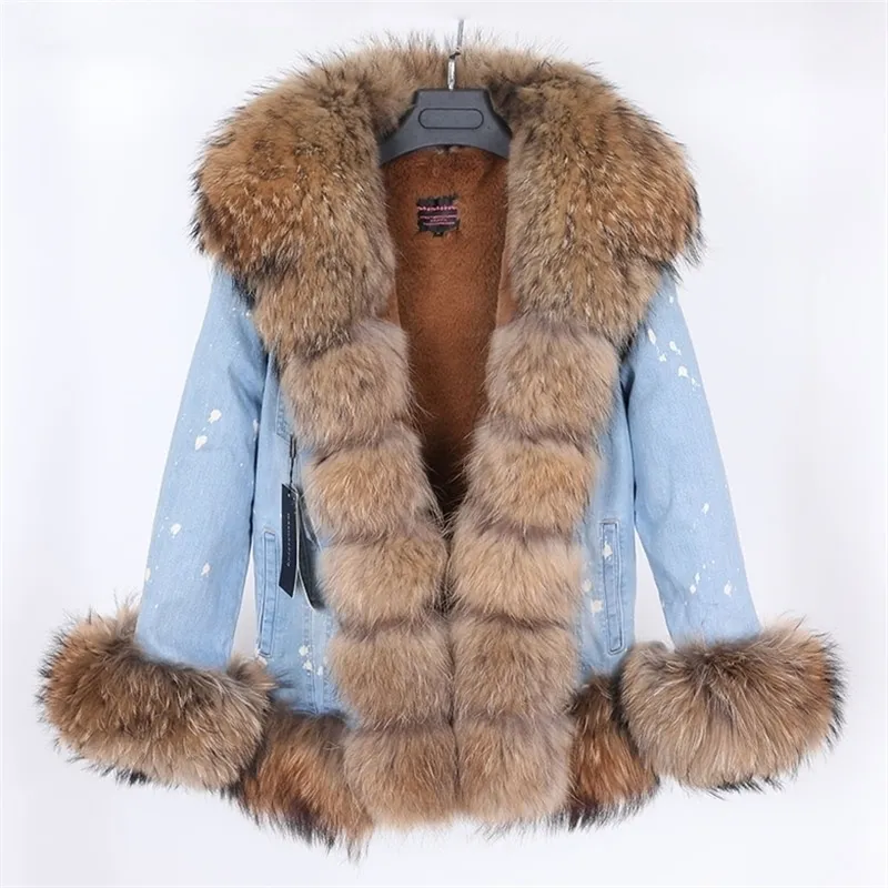 MAOMAOKONG collo di pelliccia donne giacca di pelliccia di denim ultra corta più giacca casual fodera spessa di velluto 201214