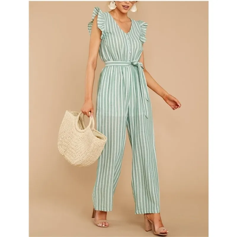 Casual Women V Neck Stripe Jumpsuits Summer Fashion Ladies Ruffles Beach Rompers Female High Waisted Lacing Jumpsuit 210515