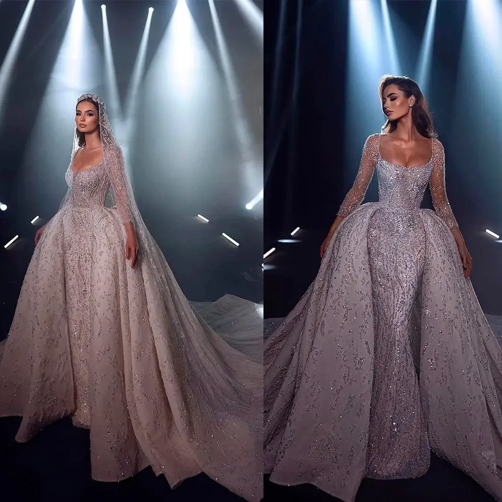 Robes de soirée de sirène de luxe en dentelle pailletée de Dubaï avec des appliques de train détachables pleine longueur perlée robes de mariée arabes saoudiennes