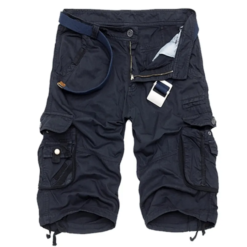 Summer Cotton Men mode Multi Pocket Solid Color Causal Mens Loose Outdoor Mid Cargo Shorts No Belt 220614