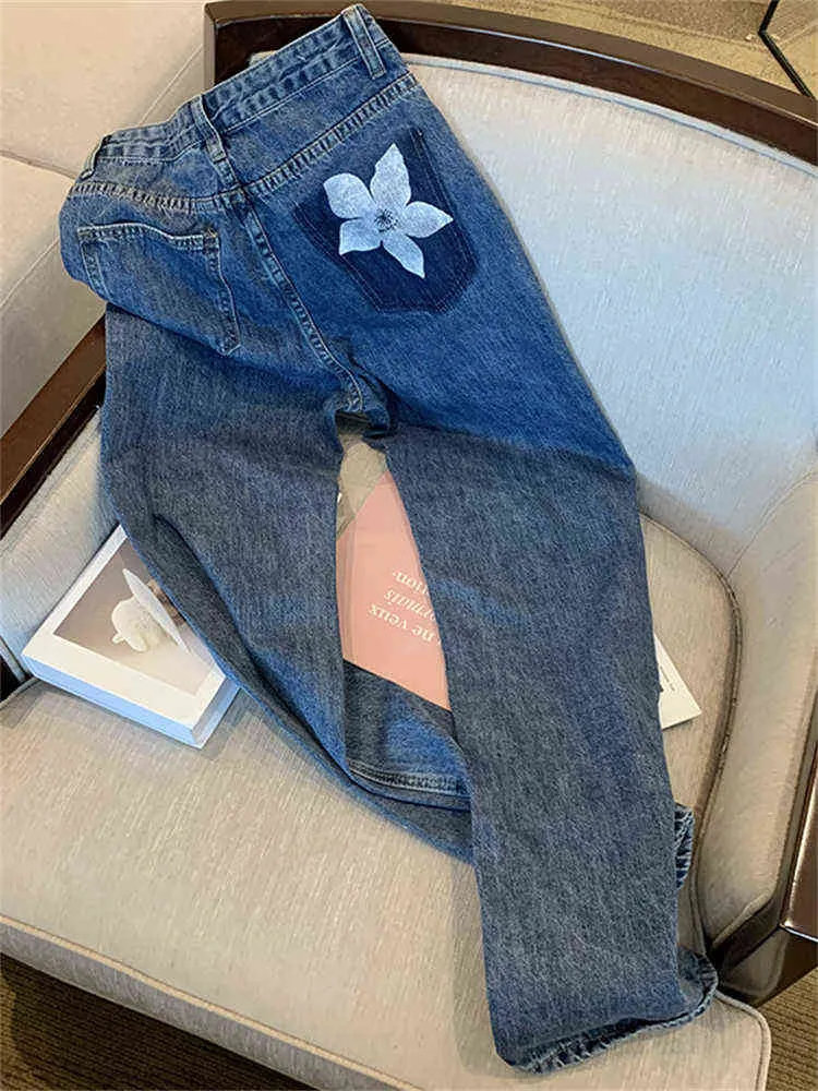 Blomma tryck blå rak jeans kvinnors vår ny enkel design hög midja lösa tunna breda ben byxor kvinnliga denim byxor l220728